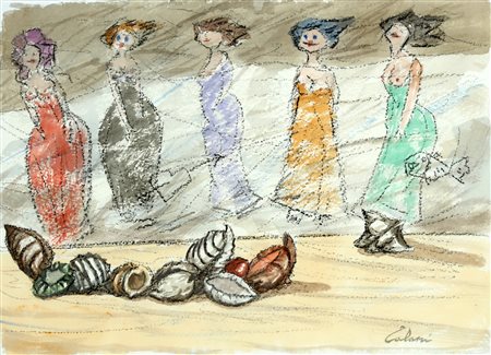 TALANI GIAMPAOLO (n. 1955) Donne sul muro. Tecnica mista su carta. Cm 50,00 x...