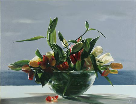 CICCOTELLI BENIAMINO (n. 1937) Fiori davanti al mare. Olio su tela . Cm 80,00...