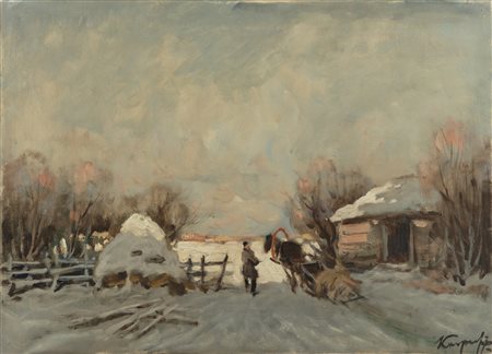 KARPOFF IVAN (1898 - 1970) Izbe, paesaggio invernale. Olio su tela . Cm 70,00...