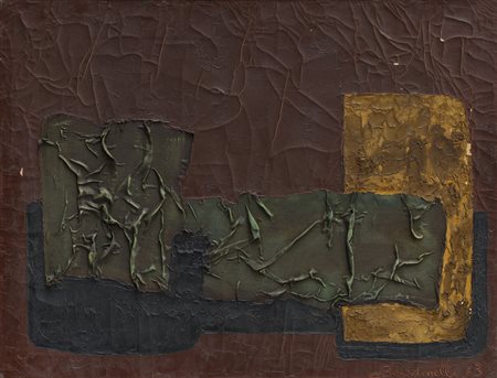 BENDINELLISenza Titolo, 1963Olio e applicazioni su telacm 60x80Firma e...
