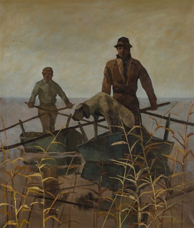 ADRIANO BOCCALETTI (1927-2002)Figure in barca sul fiume, 1957Olio su telacm...