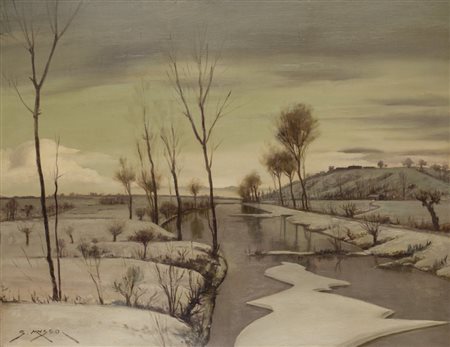 GIULIO MUSSO (1851-1915)Campagna innevataOlio su tavolacm 60x73Firma al...