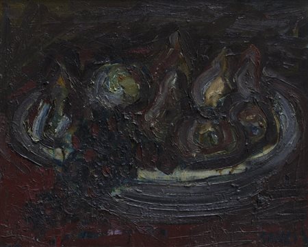 PIERO GAULI (1916-2012)Frutta nel piatto, 1962Olio su tavolacm 56x69Firma al...