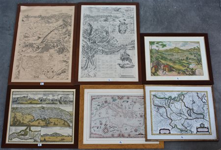 Lotto di sei riproduzioni di mappe e vedute di città, in cornici (difetti)