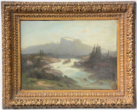 Ignoto "Paesaggio monntano con ruscello" olio su tela (cm 37x51) in cornice