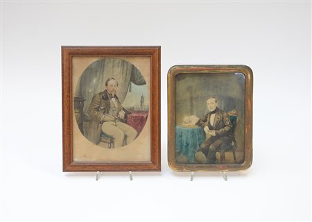 Lotto di due acquerelli del secolo XIX raffiguranti ritratti di gentiluomini...