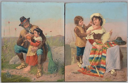 Scuola romana del secolo XIX " Figure popolari" coppia di dipinti ad olio su...