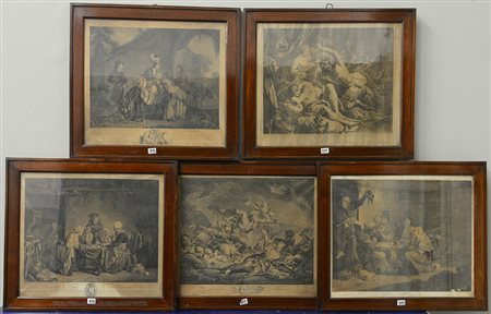 Lotto di cinque incisioni del secolo XVIII di soggetti differenti, cornici in...