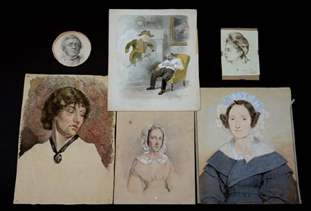 Cartella contenente quattro acquerelli, un disegno a matita e un’incisione...