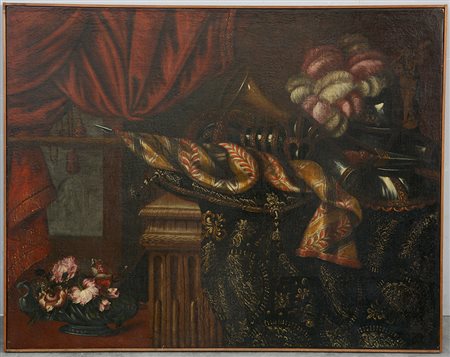 Ambito di Francesco Fieravino "Natura morta con fiori e tendaggi" olio su...