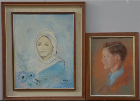 Lotto composto da un pastello ed un dipinto ad olio raffiguranti volti....