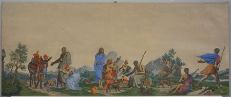 Ignoto, "Paesaggio con figure" tempera su carta incollata su tela (cm 152x62)...