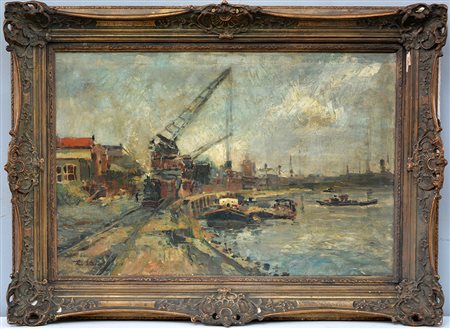 Karl Stachelsheid (Duisburg 1917 - Düsseldorf 1970) "Il porto" 1946, olio su...