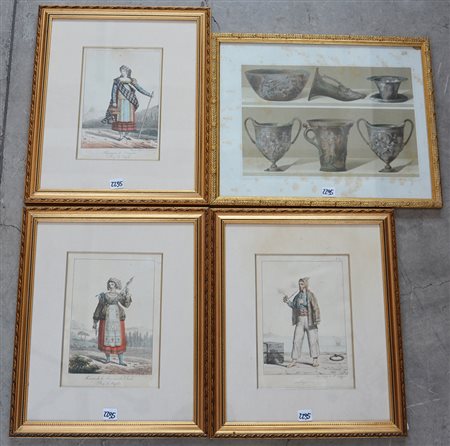 Lotto composto da quattro incisioni a colori del secolo XIX. In cornici