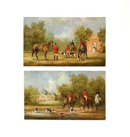 Coppia di olii su rame raffiguranti scene di caccia alla volpe (cm 15x25)...