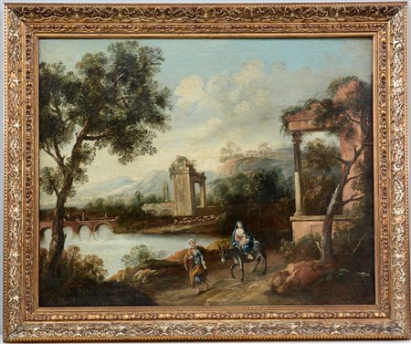 Maestro del Secolo XVIII "Fuga in Egitto" olio su tela (cm 77x96) In cornice...