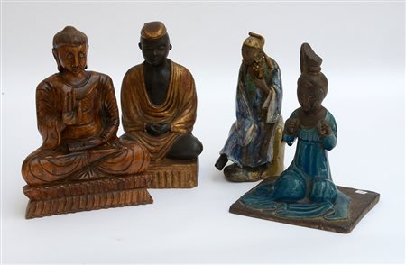 Quattro sculture in gres legno e ceramica (difetti e mancanze) Cina, sec. XX...