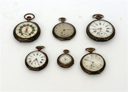 Lotto composto da sei orologi da tasca in argento con quadrnti in smalto,...