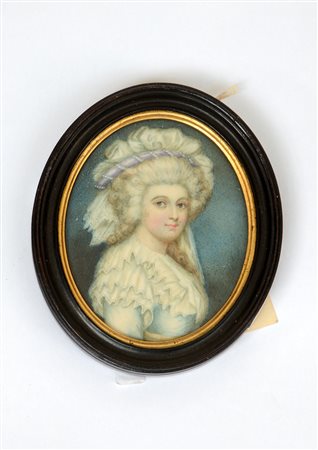 Maestro del secolo XIX "Ritratto di Gentildonna" miniatura ovale su avorio...
