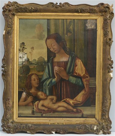 Ignoto, "Madonna con Bambino e San Giovannino" olio su tavola (cm 82x62) in...