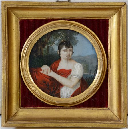 Miniatura dipinta su avorio raffigurante una gentildonna, secolo XIX (d cm 8)...