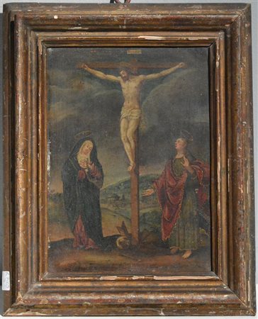 Scuola del secolo XVII, "Crocifissione con Maria Maddalena e San Giovanni...