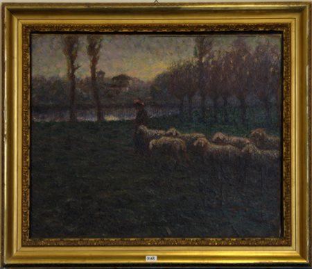 Alberto Bonomi (Milano 1876 - 1914) "Pastorella con gregge" olio su tela...