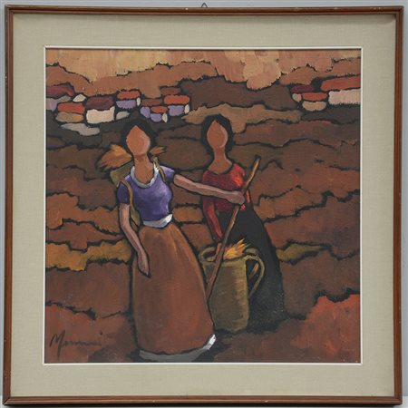 Firma indecifrata "Contadine nel campo" olio su tela (cm 60x60) firmato in...