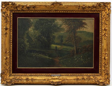 Maestro del secolo XIX, "Paesaggio boschivo con viandante" olio su tela (cm...