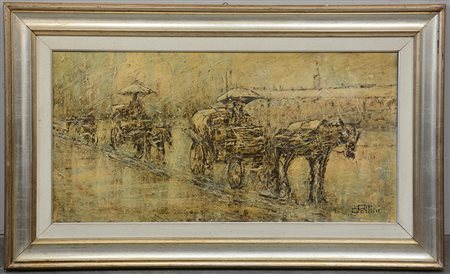 Dario Pollini "Carrozze" olio su tela (cm 70x100) firmato in basso a destra,...