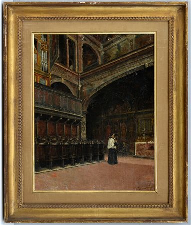 Firma indecifrata "Interno di chiesa" olio su tela (cm 54x42) Firmato in...