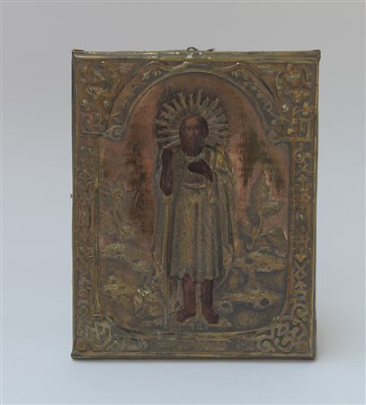 Piccola icona raffigurante un santo con riza in metallo argentato (cm 18x22)...