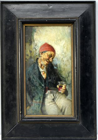 Ignoto "Il bicchiere di vino" olio su tavola (cm 36x18,5) Reca firma...