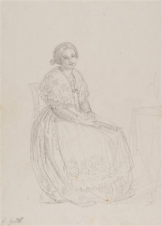 G. Gritti, secolo XIX "Gentildonna assisa con ventaglio" matita su carta (mm...