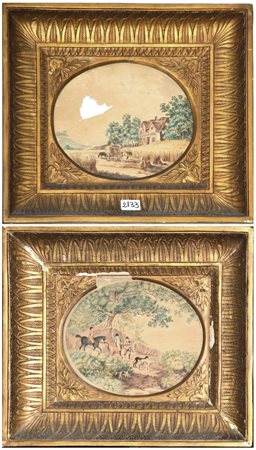 Scuola inglese, secolo XIX "Scena di caccia e paesaggio con contadini" coppia...