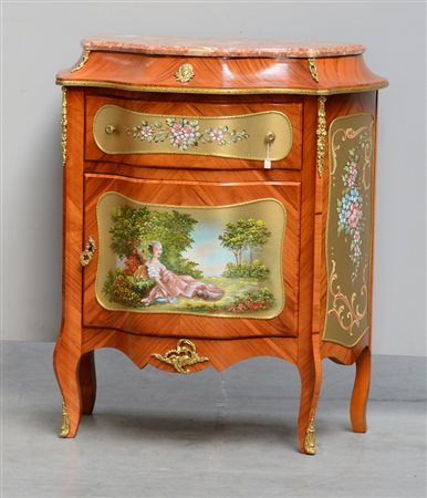 Mobiletto a un cassetto e uno sportello, specchiature decorate, guarnizioni...