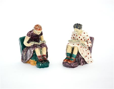 Giuseppe Maretto (Milano 1908 - Milano 1984) Coppia di fermalibri smaltati in...