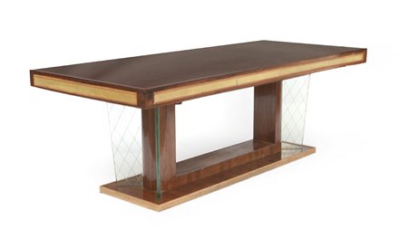 Tavolo da pranzo con piano rettangolare rivestito in vetro retroverniciato...