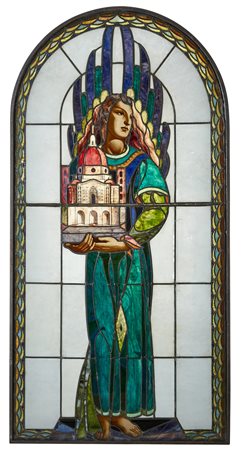 Ezio Lorenzo Fabio Giovannozzi (1882 - 1964) Grande vetrata con sommità ad...