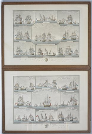 Coppia di incisioni a colori raffiguranti scene di battaglie navali (cm...