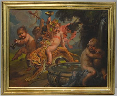 Mattia Traverso (Genova 1885 - 1956) "Baccanale con amorini" olio su...