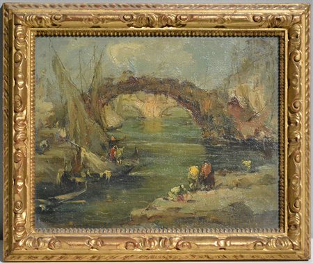 Firma indecifrata, ''Paesaggio fluviale con pescatori'' olio su tela (cm...