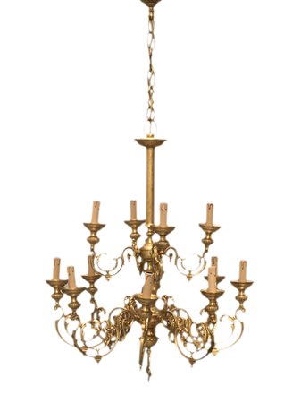 Lotto di due lampadari a didici e dieci luci in metallo dorato, uno decorato...