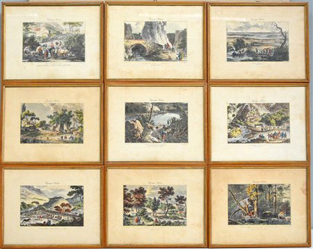 Gruppo di dodici incisioni colorate raffiguranti paesaggi (cm 21x27) in...