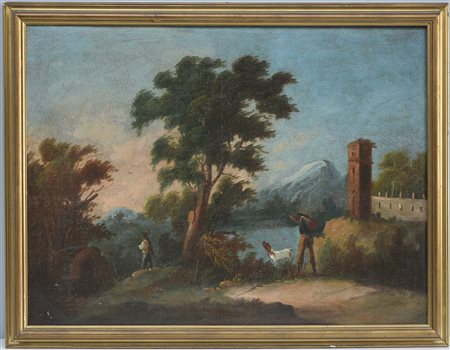 Ignoto "Paesaggio lacustre con cacciatore" olio su tela (cm 60x80) in cornice