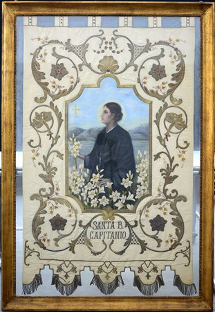 Gonfalone in tessuto ricamato in seta e fili d'argento a fiori e volute....