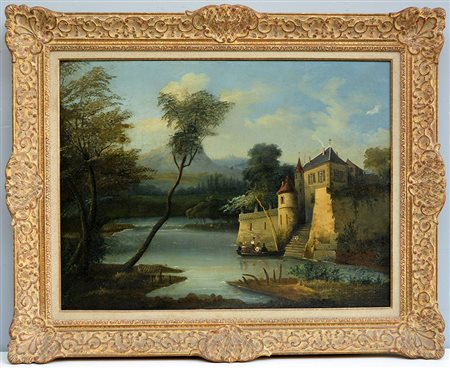 Ignoto, ''Paesaggio lacustre con castello'' olio su tela (cm 63x85) in...
