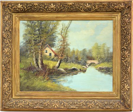 Firma indecifrata, ''Paesaggio fluviale'' olio su tela (cm 50x65) firmato in...