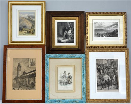 Lotto di sei incisioni di soggetto, autori e misure differenti, in cornici...