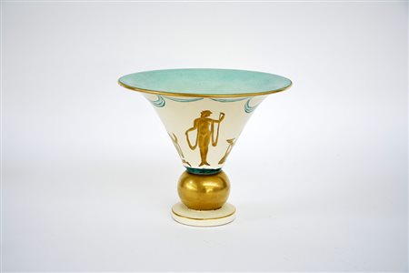 Rosenthal Vaso in cermica con coppa poggiante su sfera dorata e fascia...